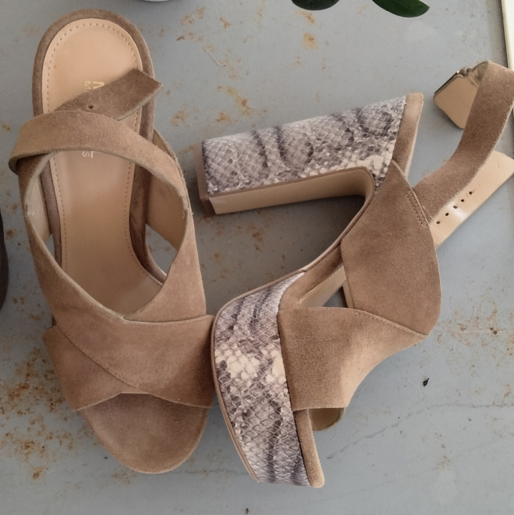 Michael Kors "MARIANA SLING" Taupe Suede Platform Sandals with Snake-Print Heel
